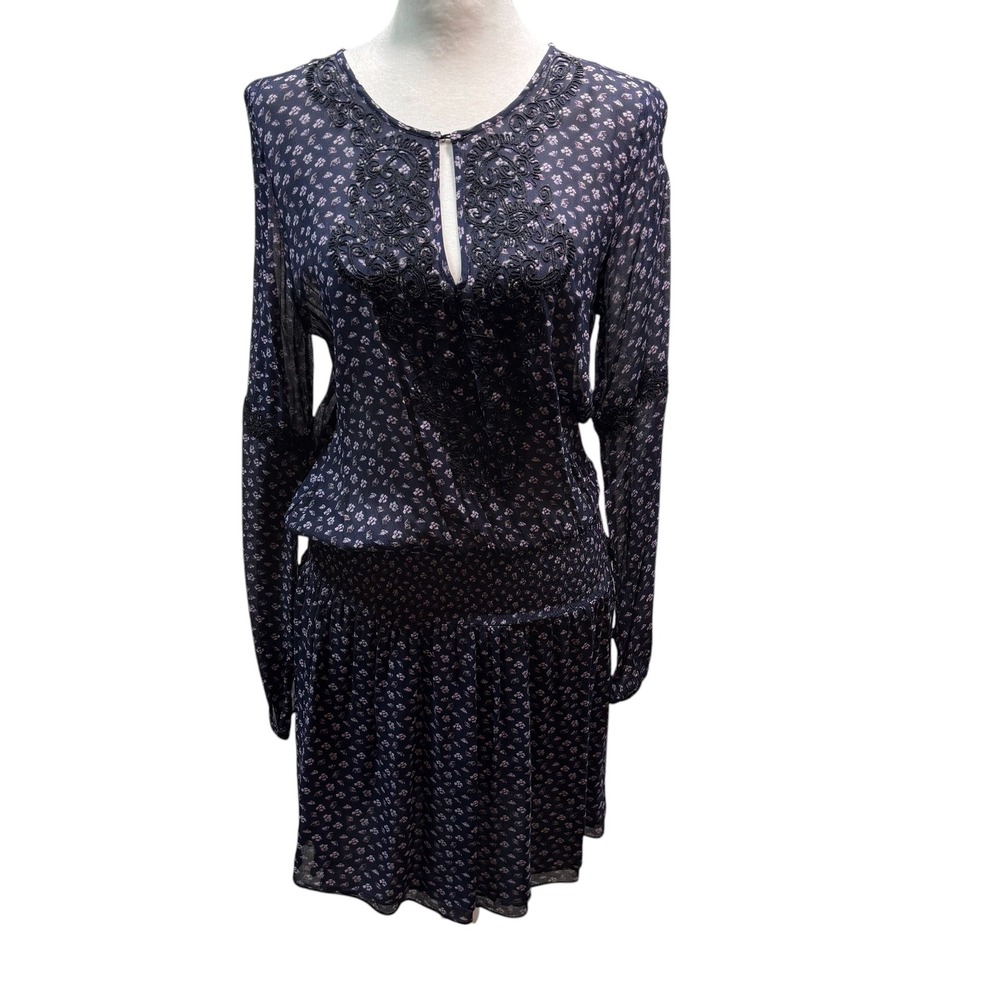 Marabelle Navy Floral Smocked Drop Waist‎ Mini Dress Soutache Embroidery Sm #702